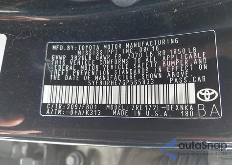 2016 Toyota Corolla Le z USA, uszkodzony, nr VIN 5YFBURHE7GP565833